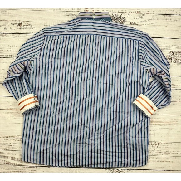 Robert Graham Men's Long Sleeve Flip Cuff Blue Gingham Striped Shirt Sz 3XL - Picture 4 of 4